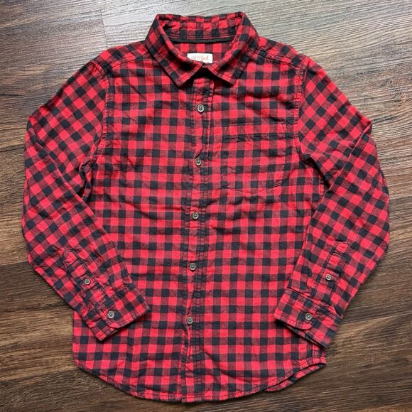 Cat & Jack Boys M 8/10 Black Red Plaid Buffalo Check Flannel Shirt Kid Christmas - Picture 2 of 7